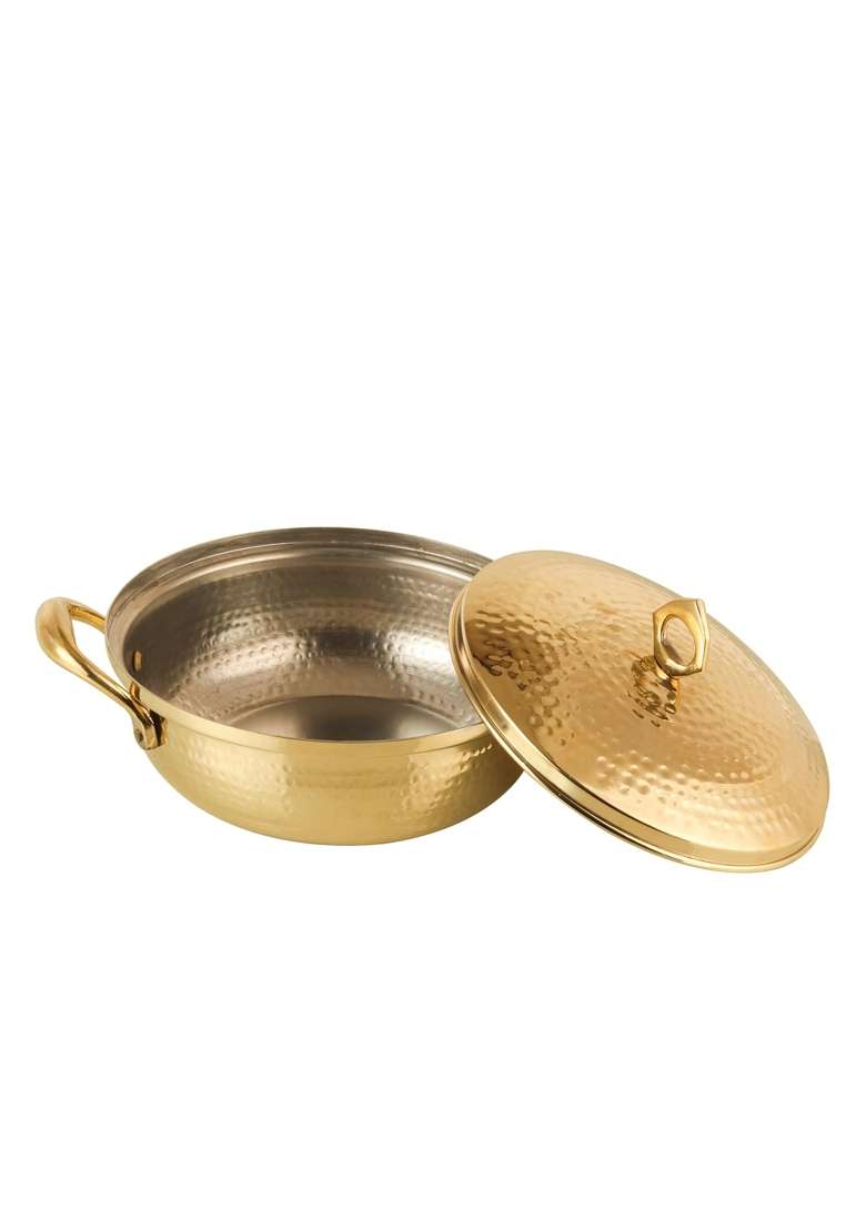 THE HEALING STORE Brass Kadhai Wok with Insulated Heat-Resistant Handle and Glass Lid | 3 L | 3.2 Qt | 25 cm | 9.8 Inch | Tin Lined Kalai - Indya