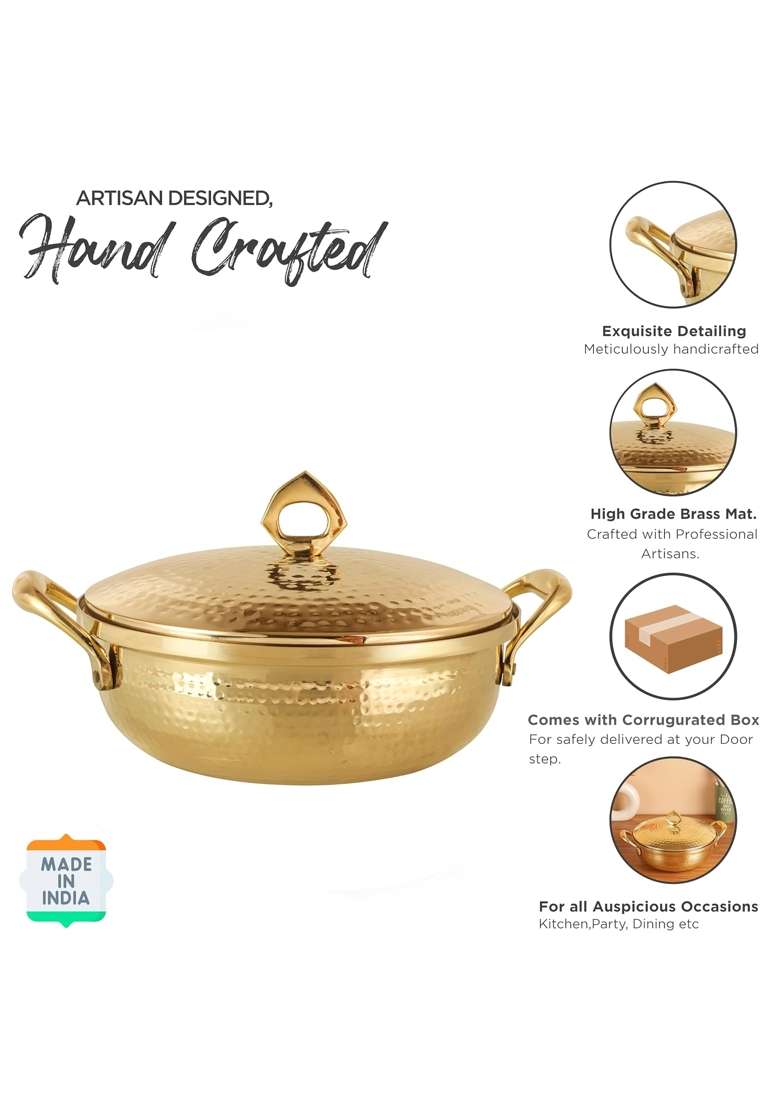 THE HEALING STORE Brass Kadhai Wok with Insulated Heat-Resistant Handle and Glass Lid | 3 L | 3.2 Qt | 25 cm | 9.8 Inch | Tin Lined Kalai - Indya