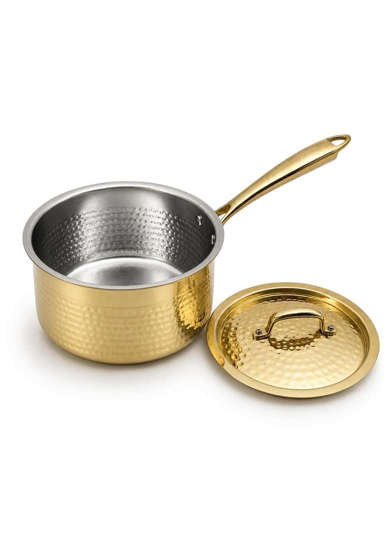SHIV SHAKTI ARTS Brass Saucepan with Lid and Long Handle | 1.8 L | 1.9 Qt | Hammered Finish - Indya