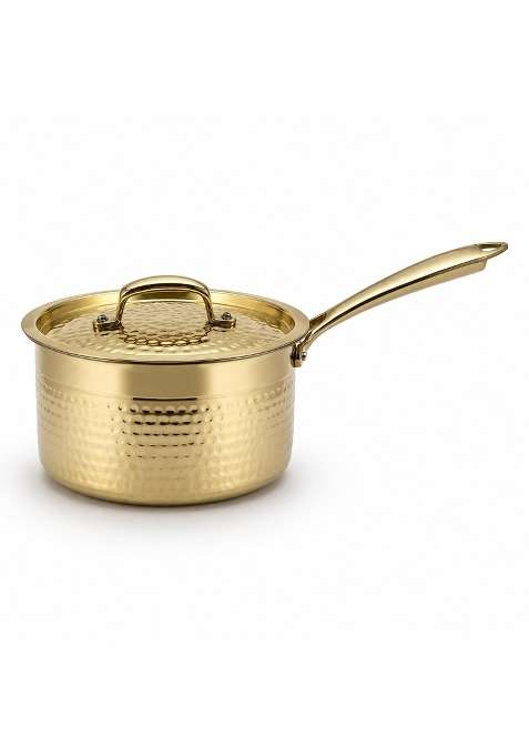 SHIV SHAKTI ARTS Brass Saucepan with Lid and Long Handle | 1.8 L | 1.9 Qt | Hammered Finish