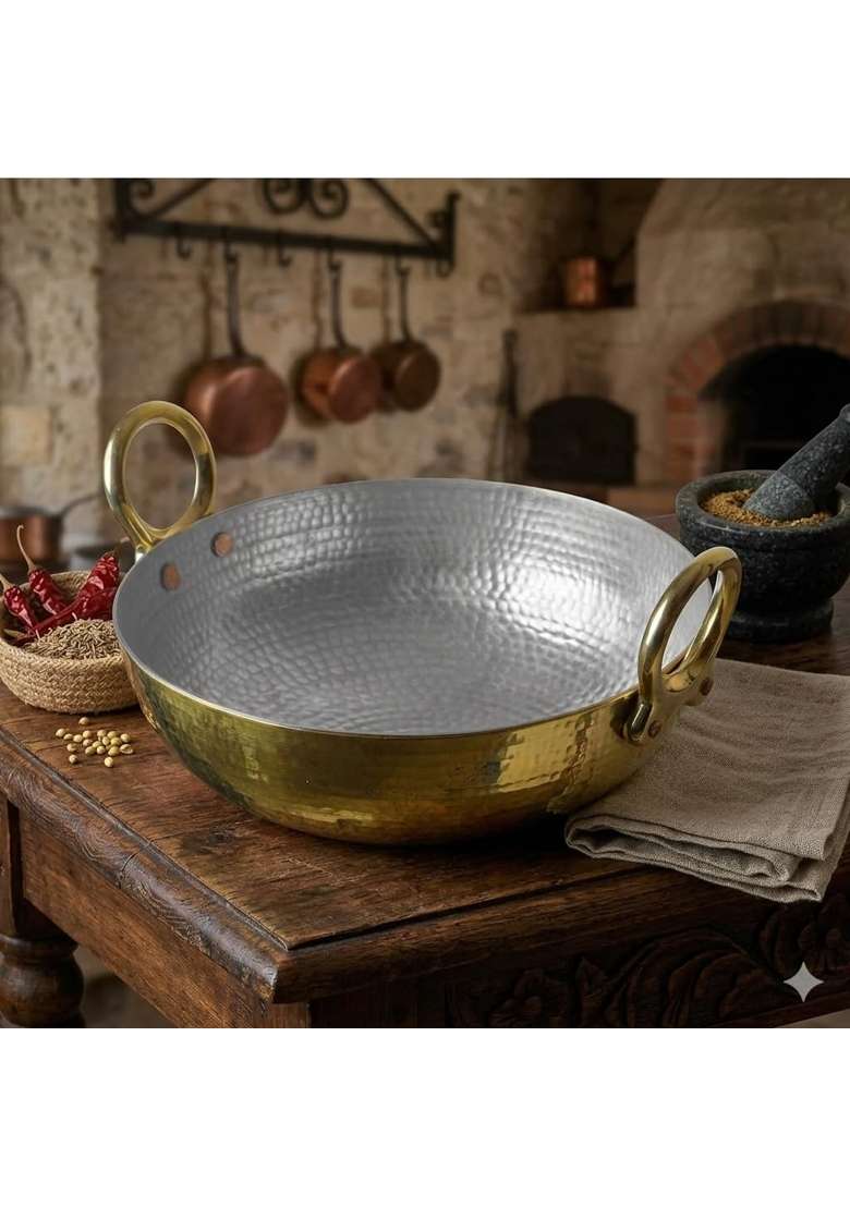 SHAAN mfg. Pure Brass Kadhai Wok for Cooking | 3.5 L | 3.7 Qt | Non-Toxic | Tin Lined Kalai | Handcrafted | Hammered Finish - Indya