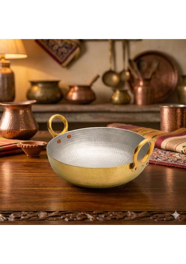SHAAN mfg. Pure Brass Kadhai Wok for Cooking | 3.5 L | 3.7 Qt | Non-Toxic | Tin Lined Kalai | Handcrafted | Hammered Finish - Indya