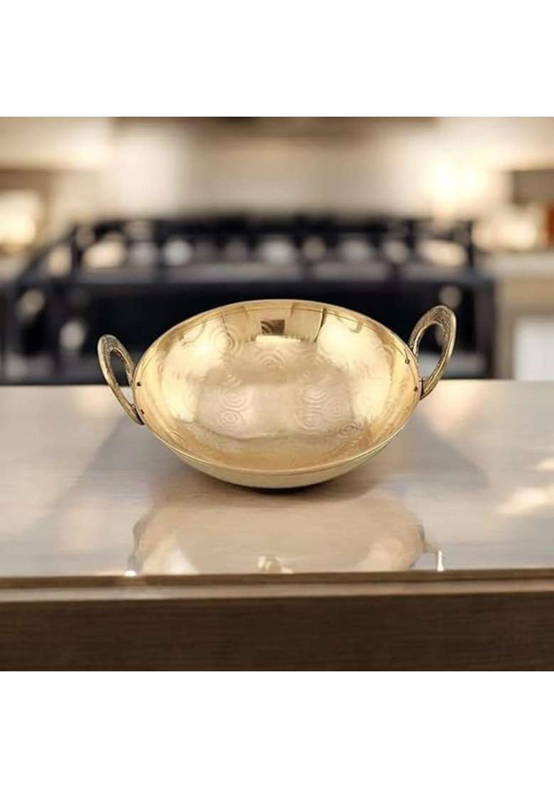 MORADABAD BRASS VILLA Pure Brass Heavy Weight Kadhai Wok for Cooking Food | Handcrafted - Indya