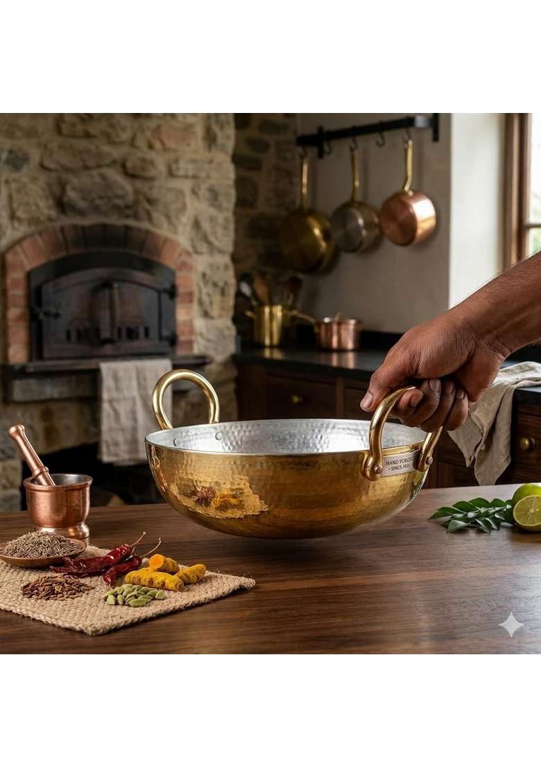 SHAAN mfg. New Pure Brass Kadai Wok for Cooking with Handles | 1.5 L | 1.6 Qt | Handcrafted - Indya