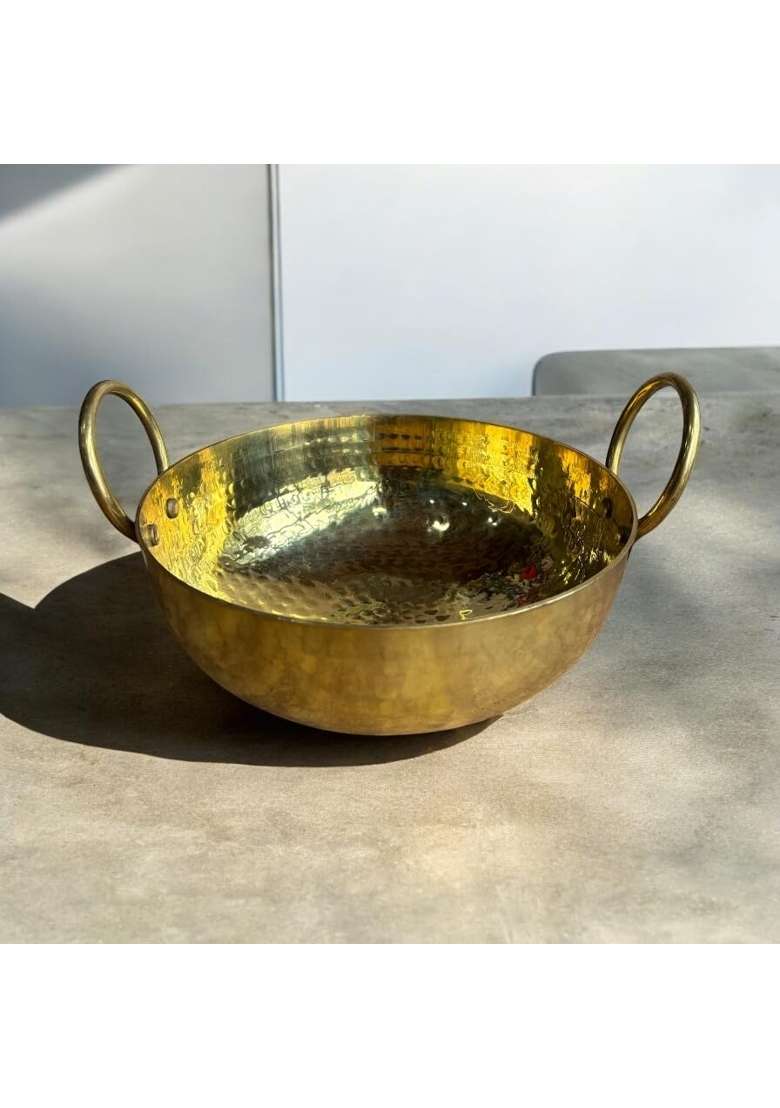 GBW Pure Brass Hammered Kadai Wok Heavy Handmade Kadai for Saute | 2 L | 2.1 Qt - Indya