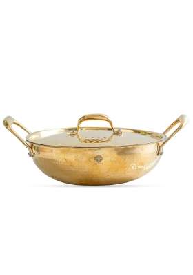 INDIAN ART VILLA Brass Kadhai Wok with Tin Lining and Hammered Design | 2000 ml | 67.6 fl oz | With Lid