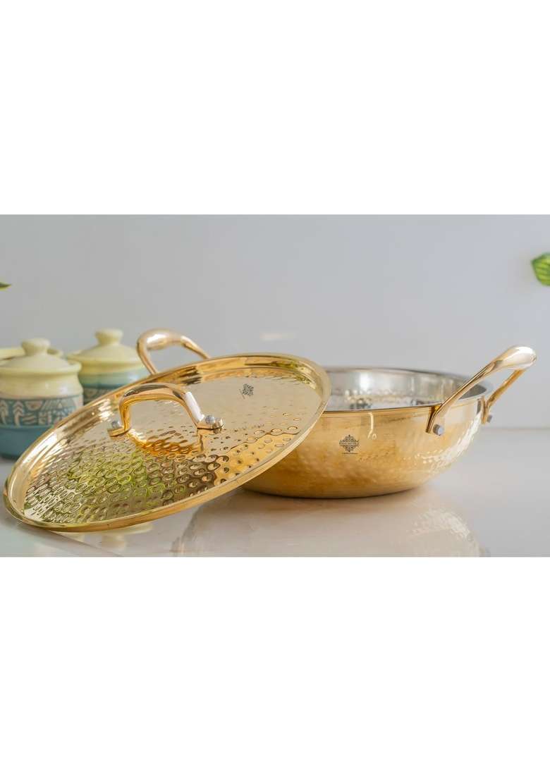 INDIAN ART VILLA Brass Kadhai Wok with Tin Lining and Hammered Design | 2000 ml | 67.6 fl oz | With Lid - Indya