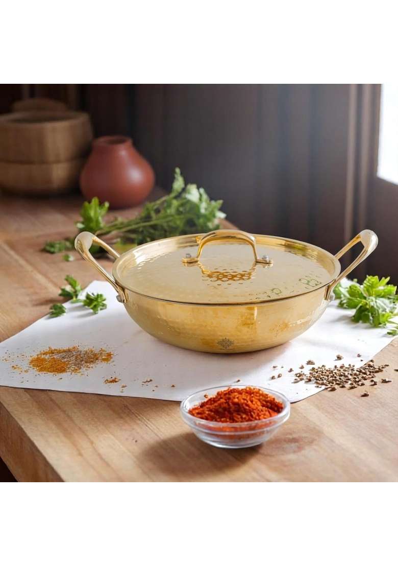 INDIAN ART VILLA Brass Kadhai Wok with Tin Lining and Hammered Design | 2000 ml | 67.6 fl oz | With Lid - Indya