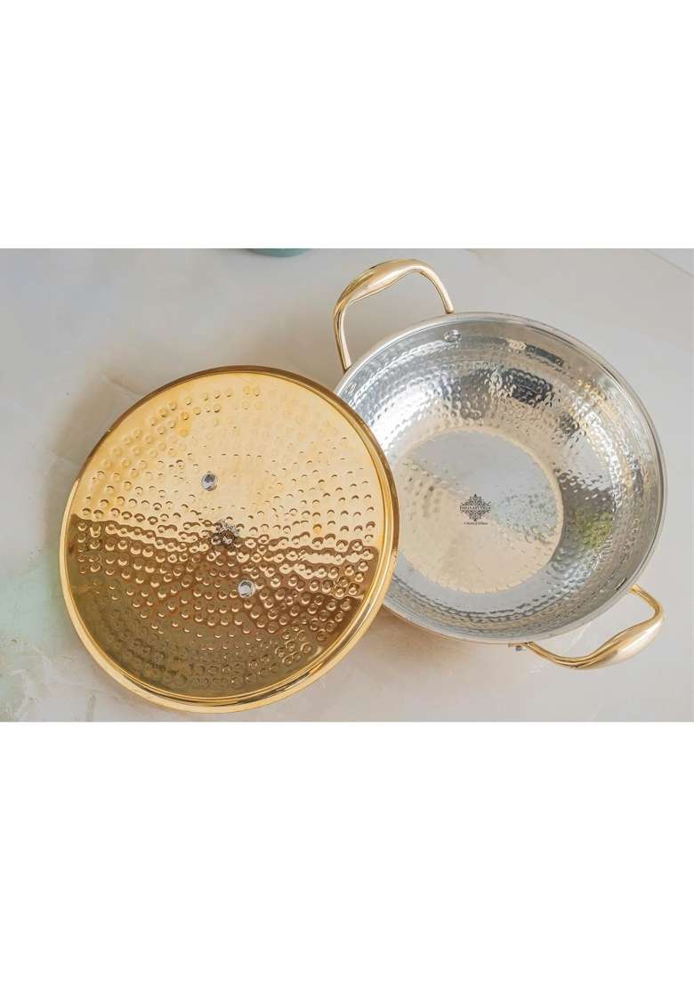 INDIAN ART VILLA Brass Kadhai Wok with Tin Lining and Hammered Design | 2000 ml | 67.6 fl oz | With Lid - Indya
