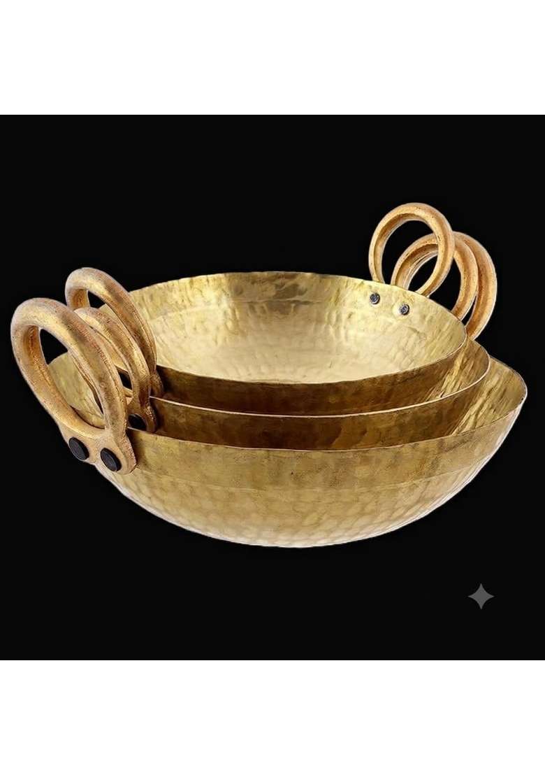 SHAAN mfg. Heavy Brass Bronze Cooking Kadai Combo | 1.8 L | 1.9 Qt | 20 cm | 7.9 Inch | 3-Piece Set - Indya