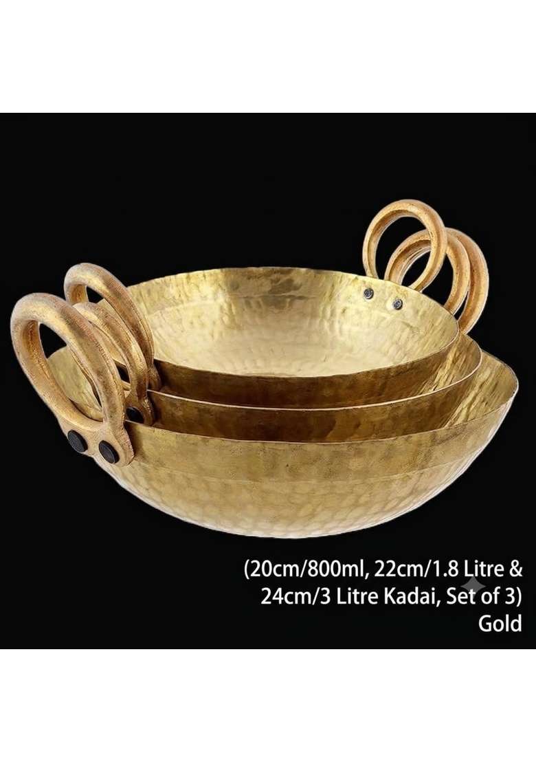 SHAAN mfg. Heavy Brass Bronze Cooking Kadai Combo | 1.8 L | 1.9 Qt | 20 cm | 7.9 Inch | 3-Piece Set - Indya