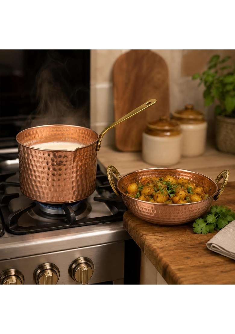SHIV SHAKTI ARTS Pure Copper Cookware | 1500 ml | 50.7 fl oz | 2-Piece Set | Hammered Finish - Indya