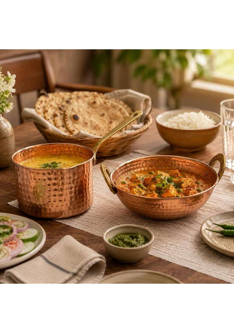 SHIV SHAKTI ARTS Pure Copper Cookware | 1500 ml | 50.7 fl oz | 2-Piece Set | Hammered Finish - Indya