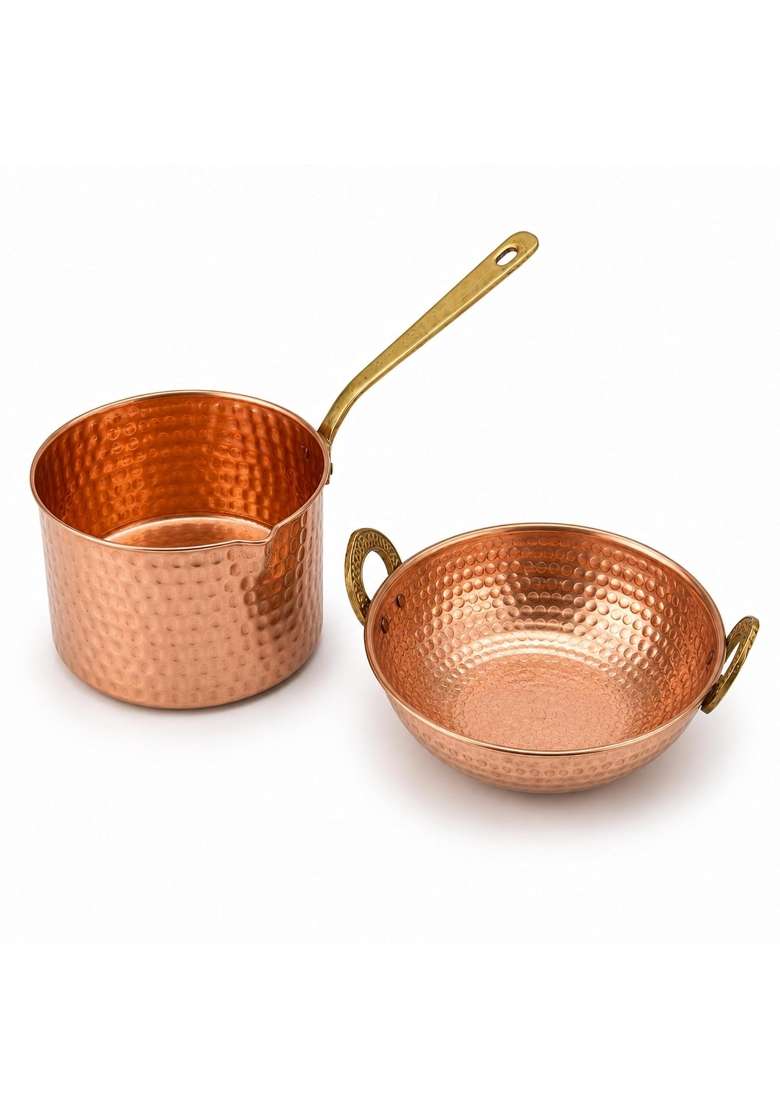 SHIV SHAKTI ARTS Pure Copper Cookware | 1500 ml | 50.7 fl oz | 2-Piece Set | Hammered Finish - Indya