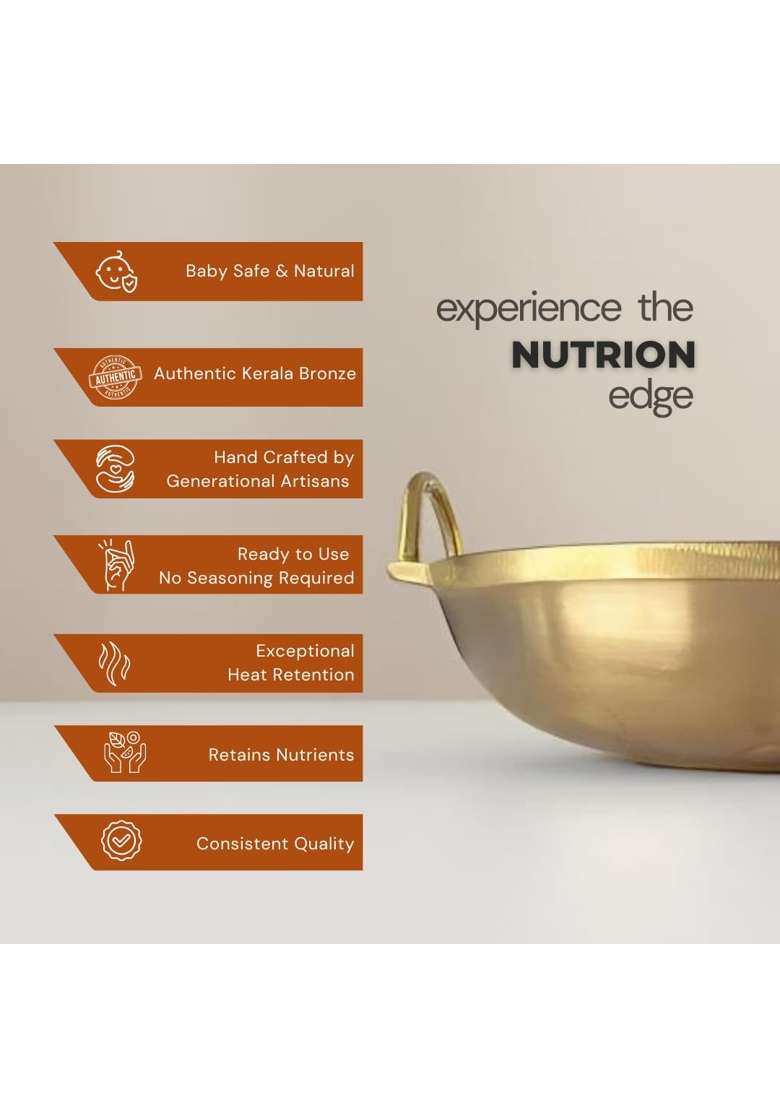 NUTRION Pure Bronze Kadai Wok | 3 L | 3.2 Qt | 24 cm | 9.4 Inch | Heavy Bottom | Non-Toxic | Tin Lined Kalai | Handcrafted - Indya