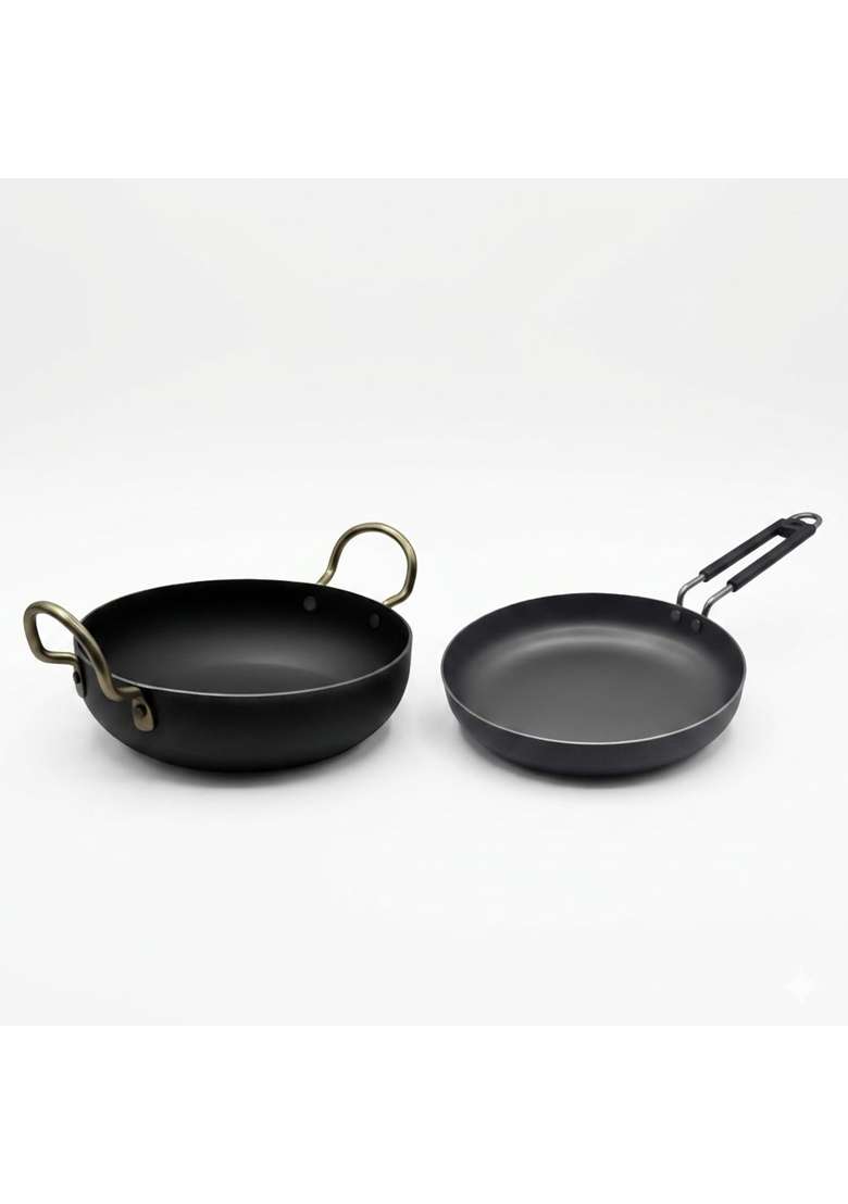 DOZY Iron Kadai Wok and Frying Pan Set | 28 cm | 11 Inch - Indya