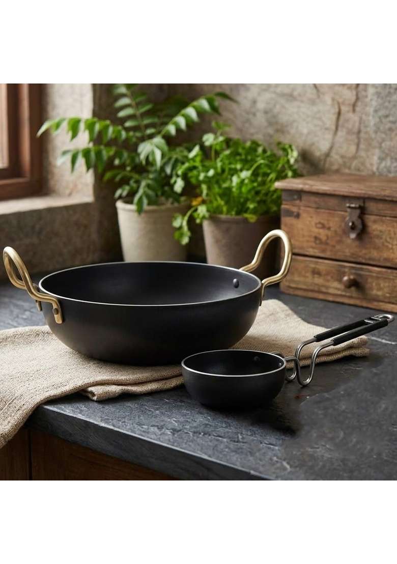 DOZY Iron Kadhai Wok with Tadka Pan Set - Indya