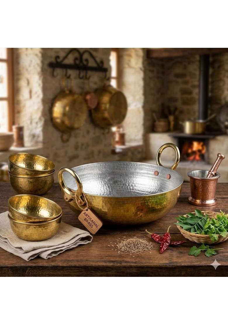 SHAAN mfg. New Pure Brass Kadai Wok for Cooking with Handles | 3.5 L | 3.7 Qt | Handcrafted - Indya