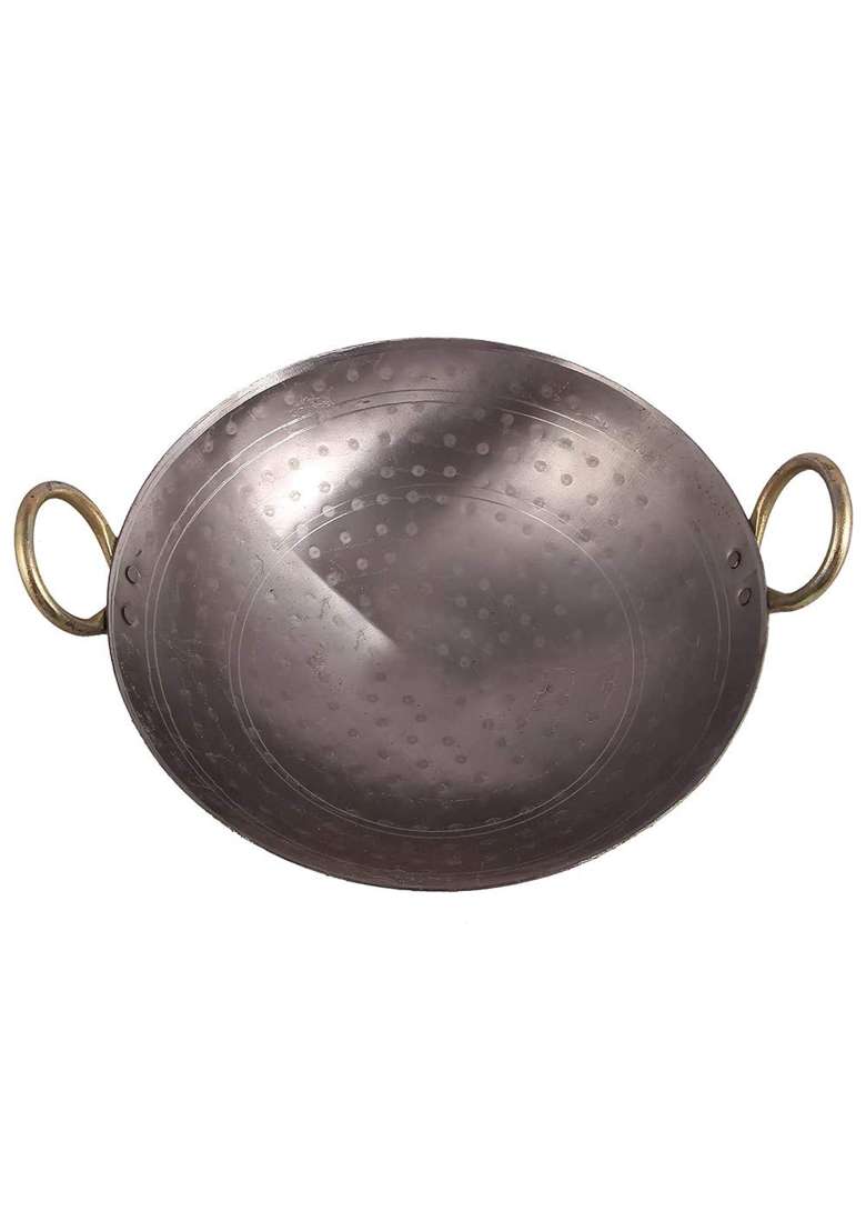 KITCHEN SHOPEE Iron Kadhai Wok with Handle- Silver | 10 Inch - Indya