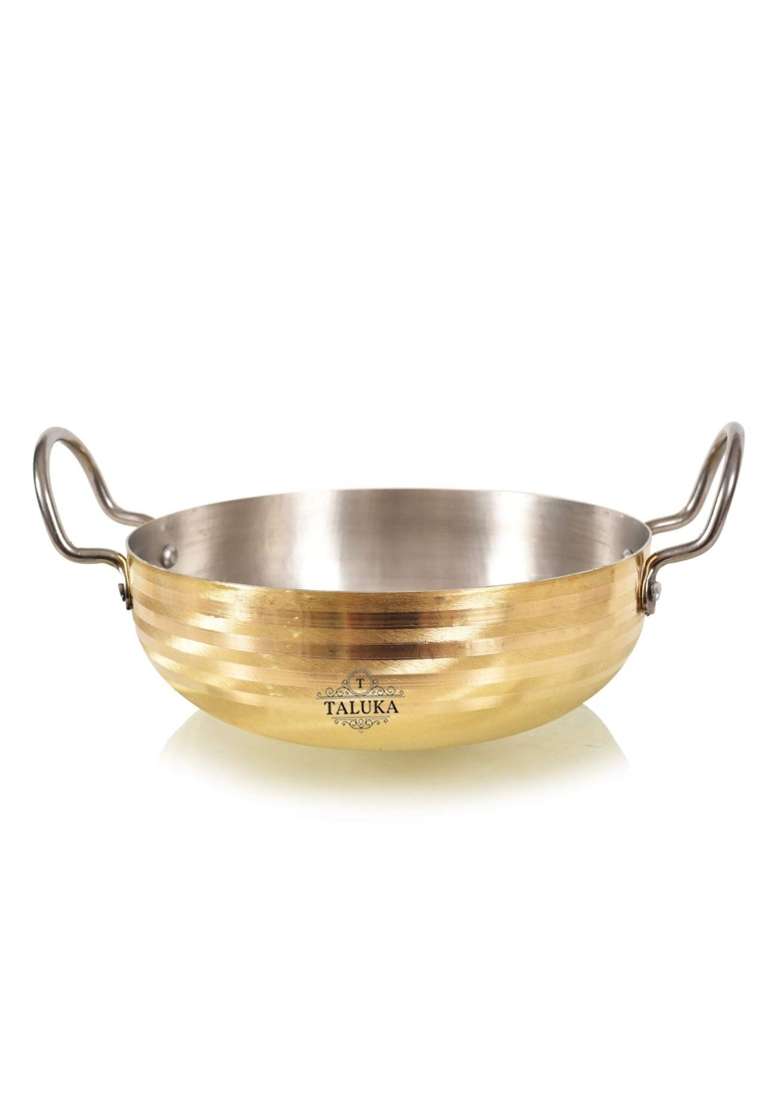Taluka With T Logo Taluka Heavy Weight Pure Brass Kadai Wok for Cooking Teflon Free Non Stick | 2.5 L | 2.6 Qt | 3 Inch | Handcrafted - Indya