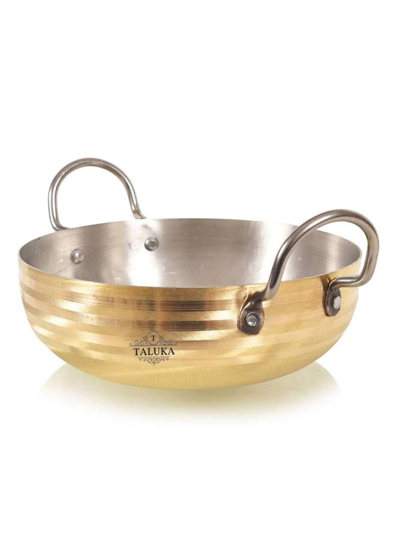 Taluka With T Logo Taluka Heavy Weight Pure Brass Kadai Wok for Cooking Teflon Free Non Stick | 2.5 L | 2.6 Qt | 3 Inch | Handcrafted - Indya
