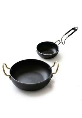 DOZY Iron Kadai Wok and Tadka Pan Set | 28 cm | 11 Inch | Non-Toxic | Non-Stick
