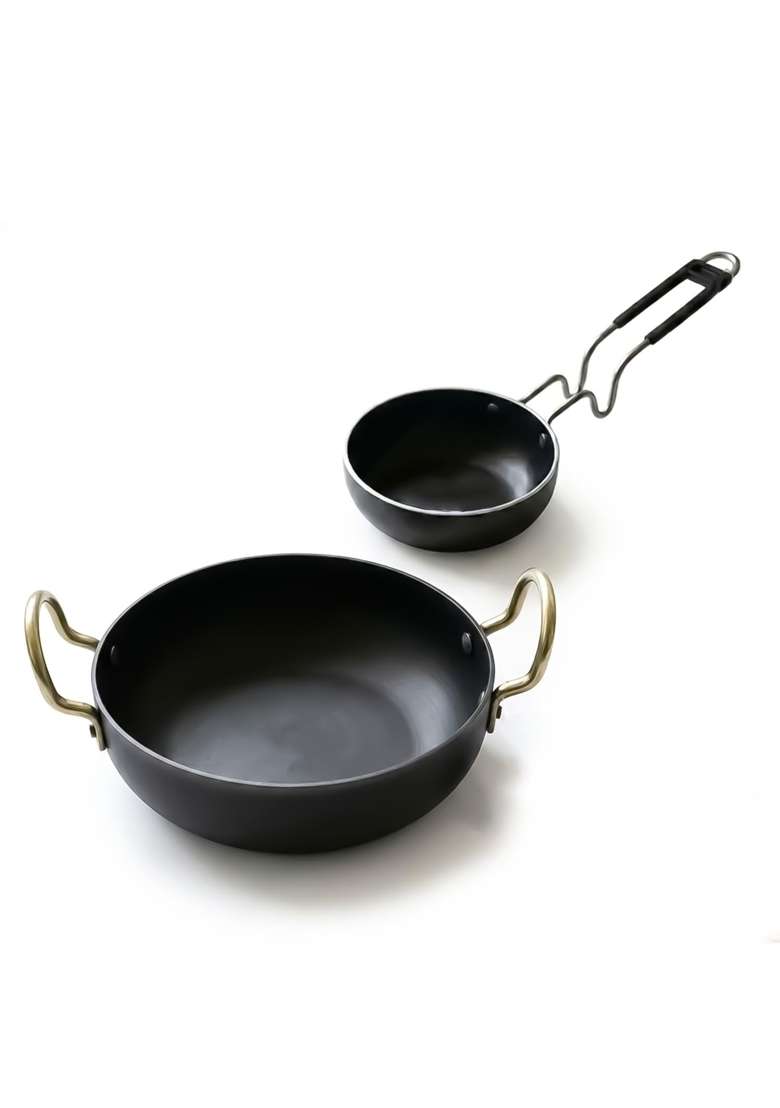 DOZY Iron Kadai Wok and Tadka Pan Set | 28 cm | 11 Inch | Non-Toxic | Non-Stick - Indya