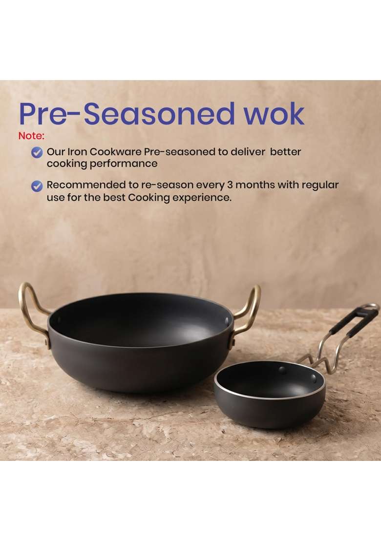 DOZY Iron Kadai Wok and Tadka Pan Set | 28 cm | 11 Inch | Non-Toxic | Non-Stick - Indya