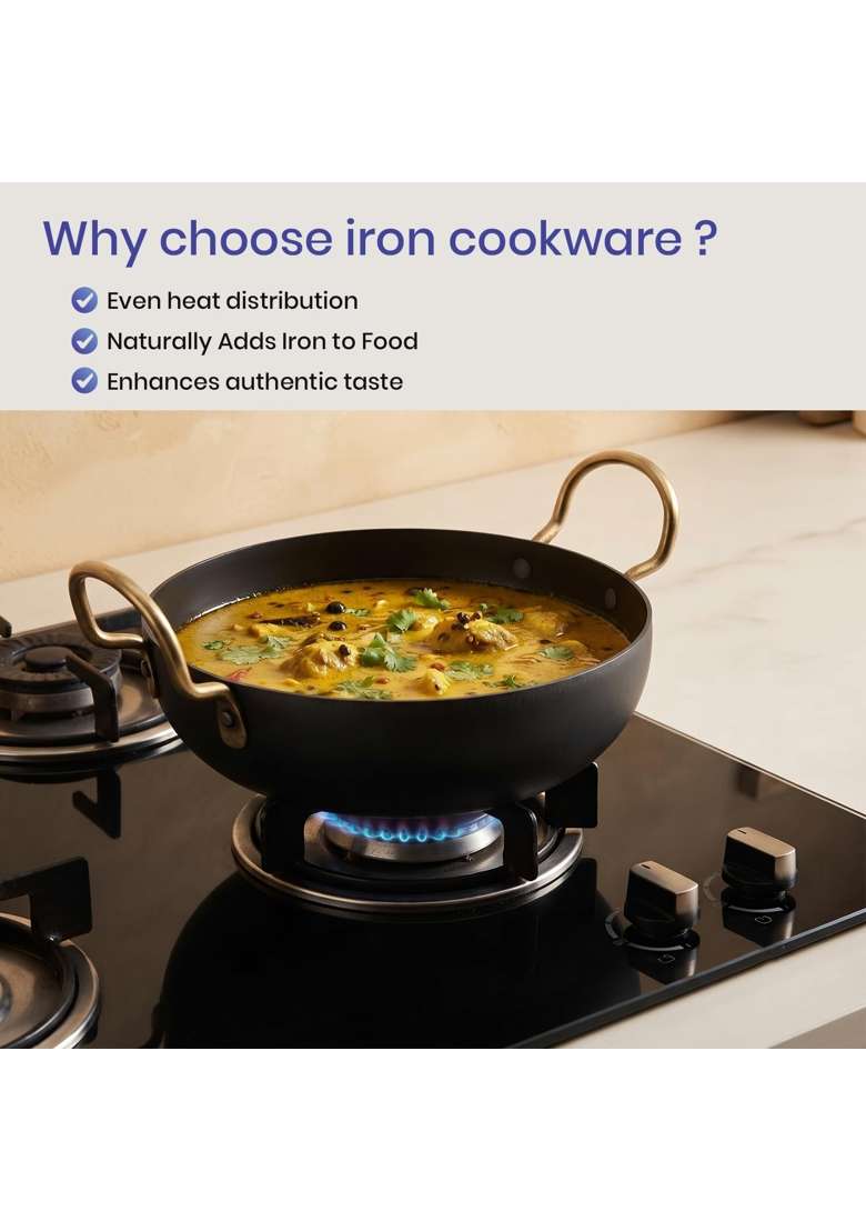 DOZY Iron Kadai Wok and Tadka Pan Set | 28 cm | 11 Inch | Non-Toxic | Non-Stick - Indya