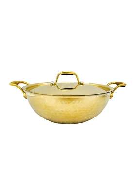 SHIV SHAKTI ARTS Heavy Gauge Brass Kadai Wok with Lid for Cooking | 3.5 L | 3.7 Qt