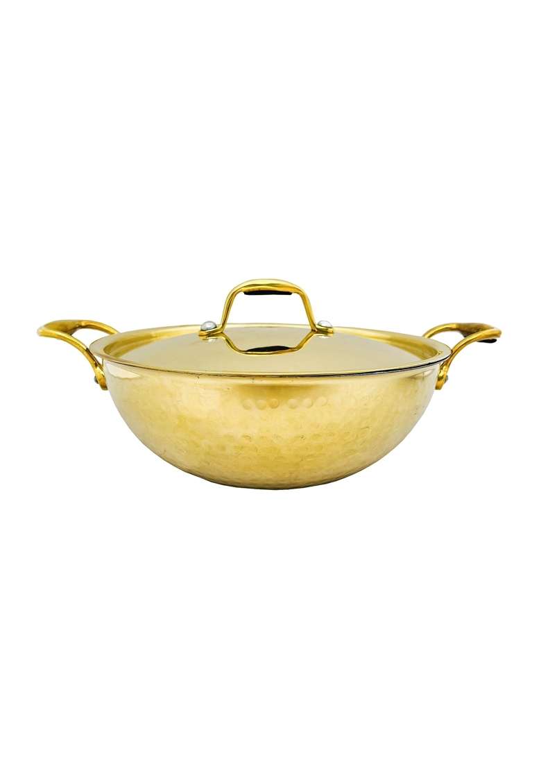 SHIV SHAKTI ARTS Heavy Gauge Brass Kadai Wok with Lid for Cooking | 3.5 L | 3.7 Qt - Indya