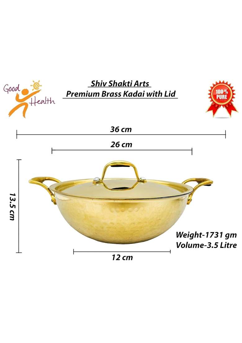 SHIV SHAKTI ARTS Heavy Gauge Brass Kadai Wok with Lid for Cooking | 3.5 L | 3.7 Qt - Indya