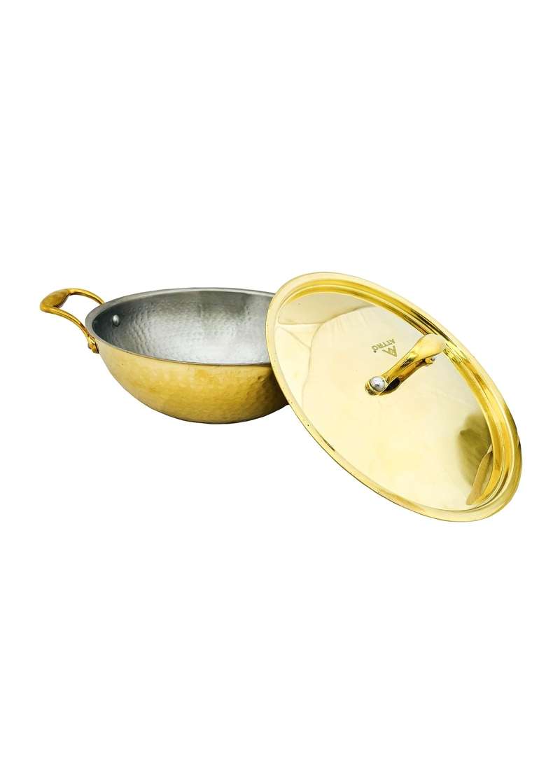 SHIV SHAKTI ARTS Heavy Gauge Brass Kadai Wok with Lid for Cooking | 3.5 L | 3.7 Qt - Indya