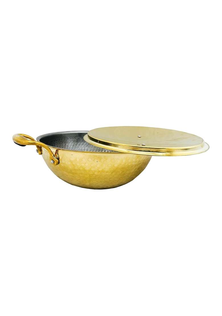 SHIV SHAKTI ARTS Heavy Gauge Brass Kadai Wok with Lid for Cooking | 3.5 L | 3.7 Qt - Indya