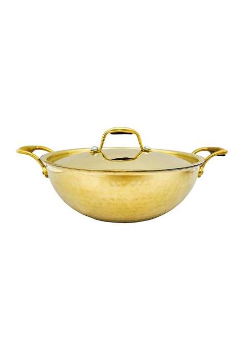 SHIV SHAKTI ARTS Heavy Gauge Brass Kadai Wok with Lid for Cooking | 3.5 L | 3.7 Qt