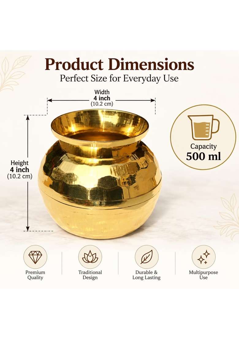 Pure Source India Diamond Cut Brass Lota Water Pot for Puja | 1000 ml | 33.8 fl oz | 5.5 Inch - Indya