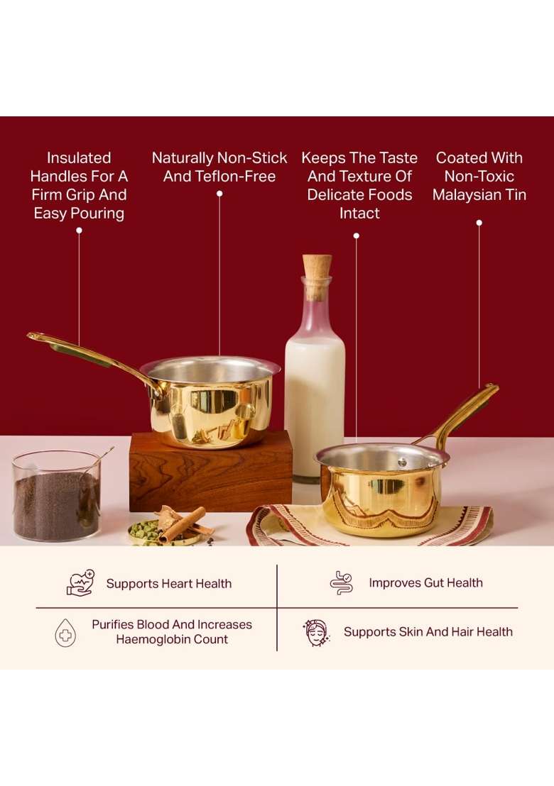 P-TAL P TAL Brass Saucepan with Insulated Heat-Resistant Handle | 1.2 L | 1.3 Qt | Non-Toxic | Tin Lined Kalai | Non-Stick - Indya