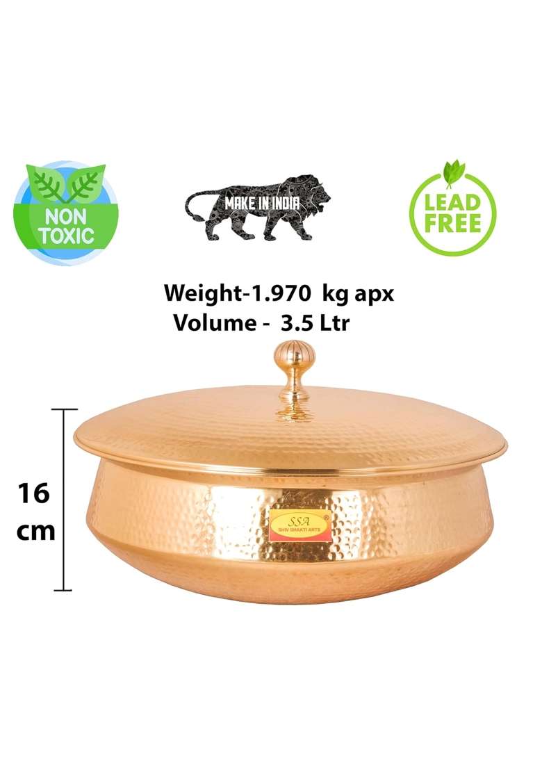 SHIV SHAKTI ARTS Brass Lagan Handi Cooking Pot with Lid Hammered | 3.5 L | 3.7 Qt | Non-Toxic | Tin Lined Kalai - Indya