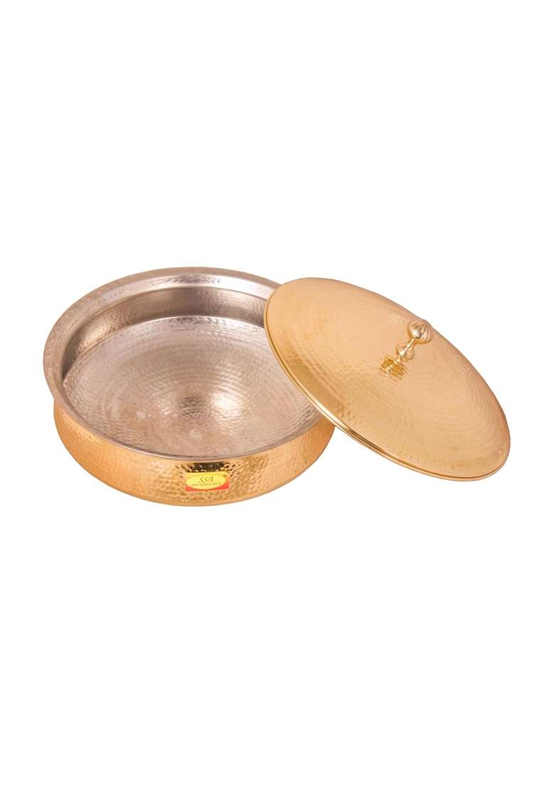 SHIV SHAKTI ARTS Brass Lagan Handi Cooking Pot with Lid Hammered | 3.5 L | 3.7 Qt | Non-Toxic | Tin Lined Kalai - Indya