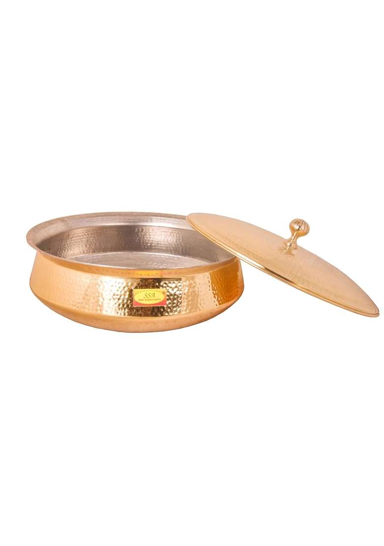 SHIV SHAKTI ARTS Brass Lagan Handi Cooking Pot with Lid Hammered | 3.5 L | 3.7 Qt | Non-Toxic | Tin Lined Kalai - Indya