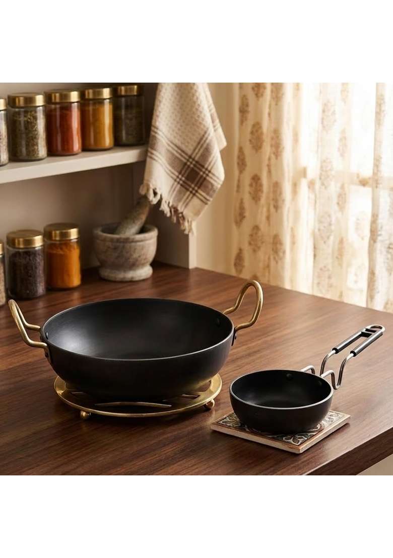 DOZY Pre-Seasoned Iron Kadhai Wok and Tadka Pan Set - Indya