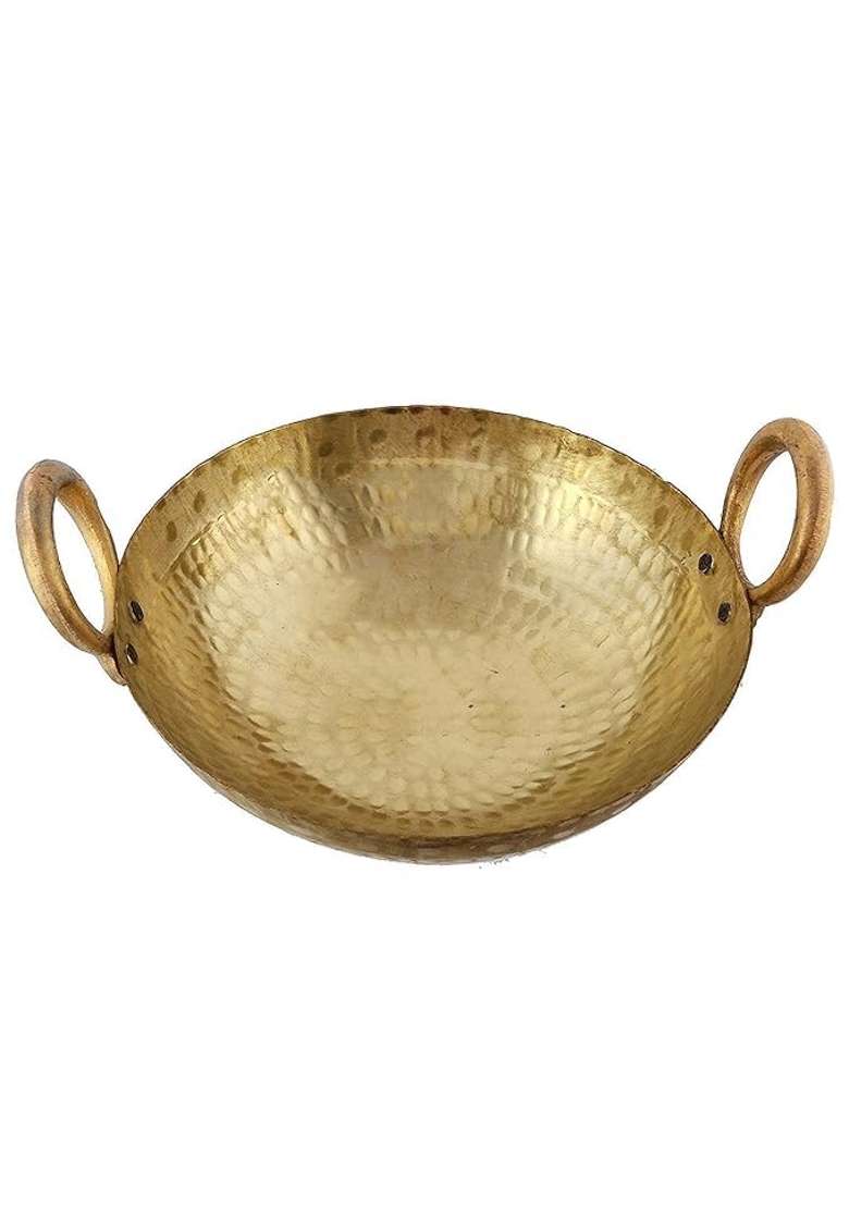 RewariCraft Brass Pital Kadhai Wok Frying Pan with Handle Kadai Cookware | 3000 ml | 101.4 fl oz - Indya