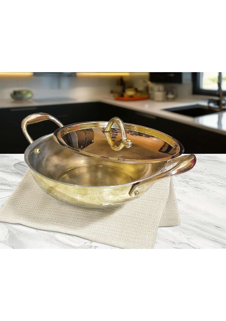 PITAL CRAFT VATIKA Brass Kadhai Wok with Lid | 1.5 L | 1.6 Qt - Indya