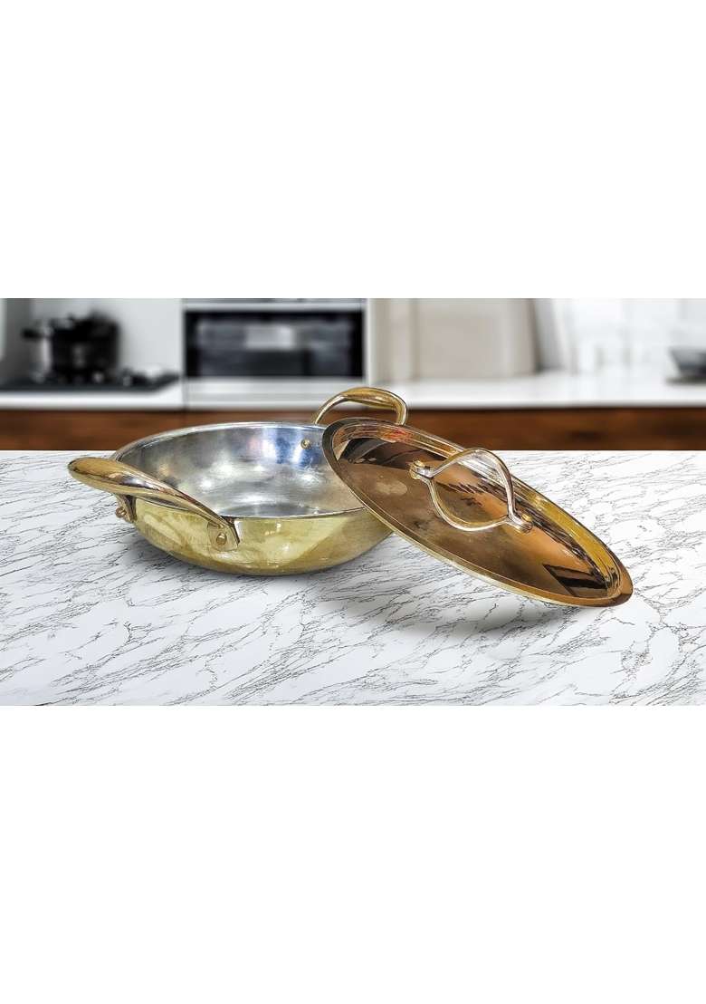 PITAL CRAFT VATIKA Brass Kadhai Wok with Lid | 1.5 L | 1.6 Qt - Indya