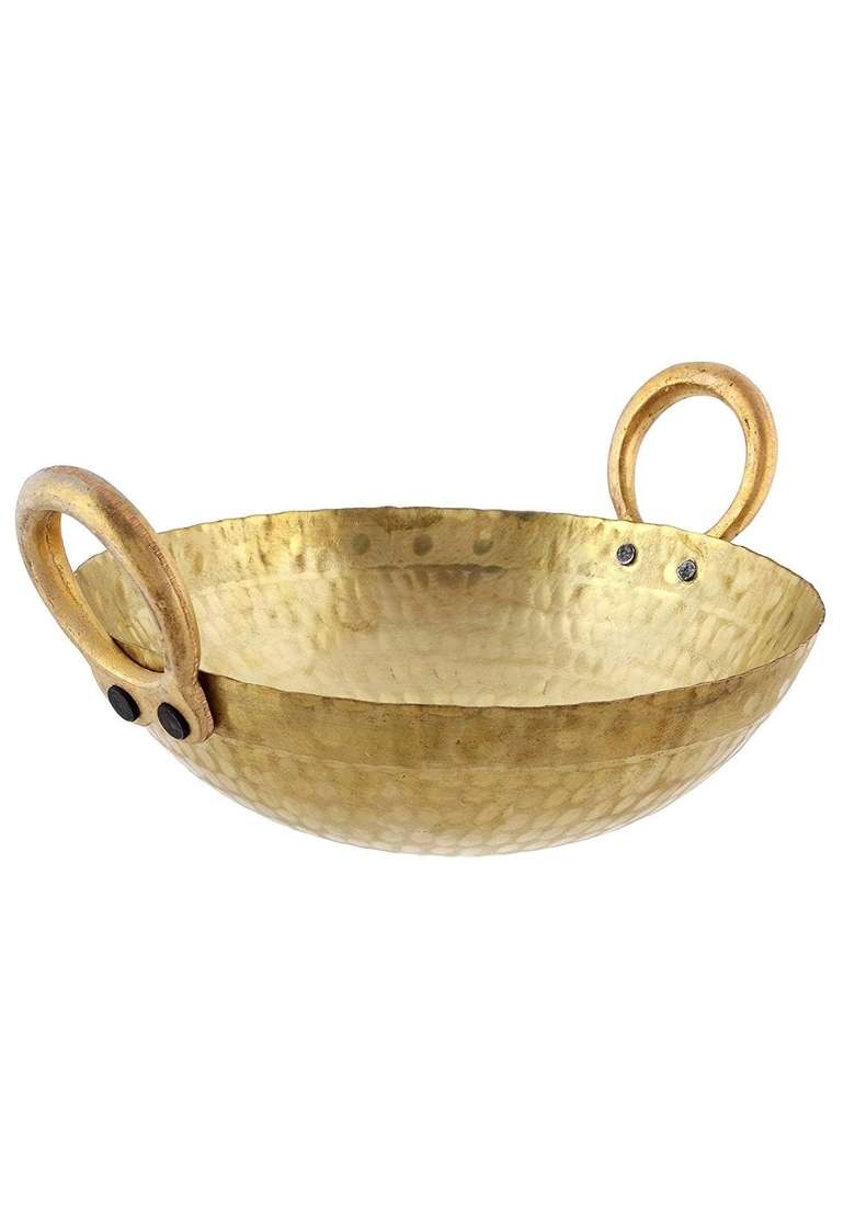 RJ kitchenware Store Brass Hammered Kadhai Wok for Cooking Serving Pital Kadhai Pital Kadai | 2500 ml | 84.5 fl oz - Indya
