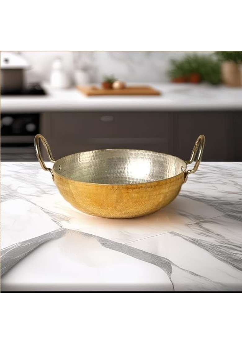 PITAL CRAFT VATIKA Pure Brass Kadhai Wok for Cooking | 2.5 L | 2.6 Qt | Non-Toxic | Tin Lined Kalai | Handcrafted | Hammered Finish - Indya
