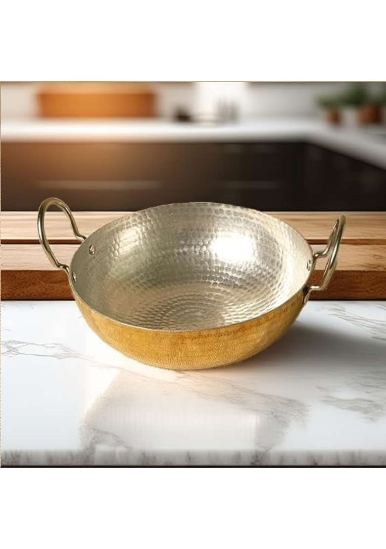 PITAL CRAFT VATIKA Pure Brass Kadhai Wok for Cooking | 2.5 L | 2.6 Qt | Non-Toxic | Tin Lined Kalai | Handcrafted | Hammered Finish - Indya