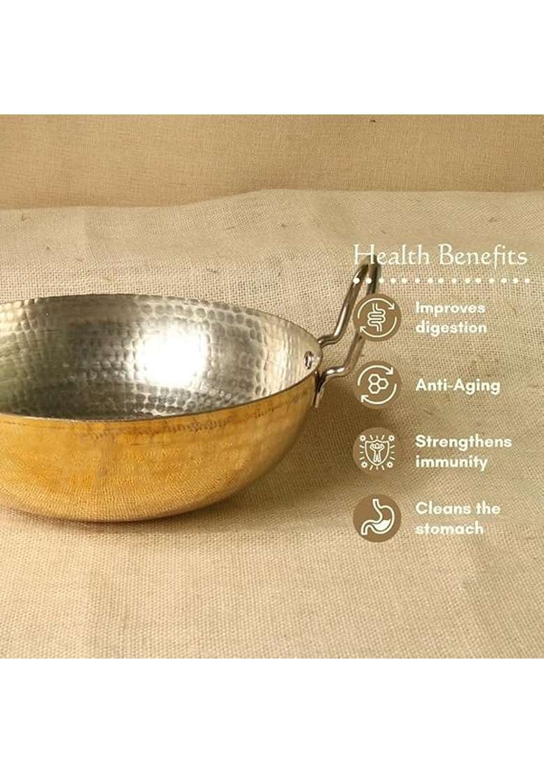 PITAL CRAFT VATIKA Pure Brass Kadhai Wok for Cooking | 2.5 L | 2.6 Qt | Non-Toxic | Tin Lined Kalai | Handcrafted | Hammered Finish - Indya
