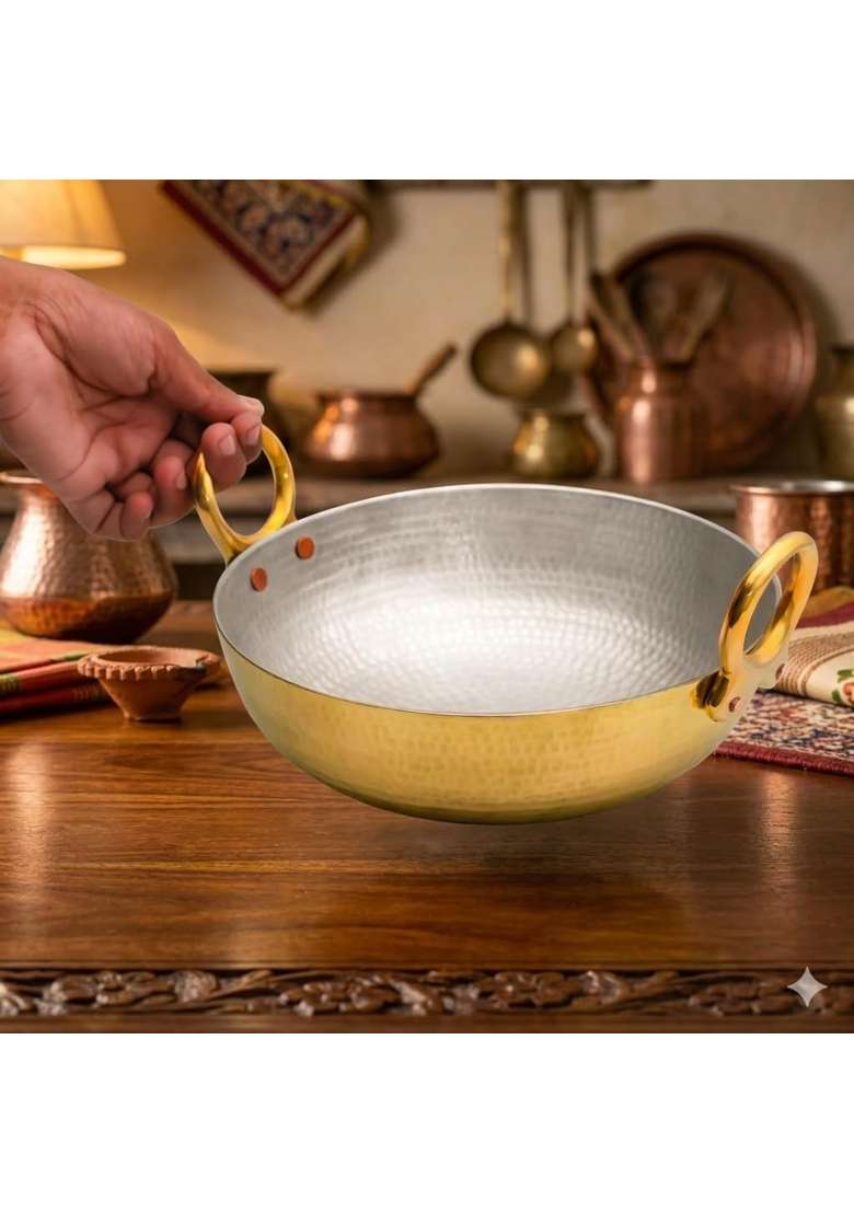 SHAAN mfg. Pure Brass Kadai Wok for Cooking with Handles | 2.5 L | 2.6 Qt | Handcrafted - Indya