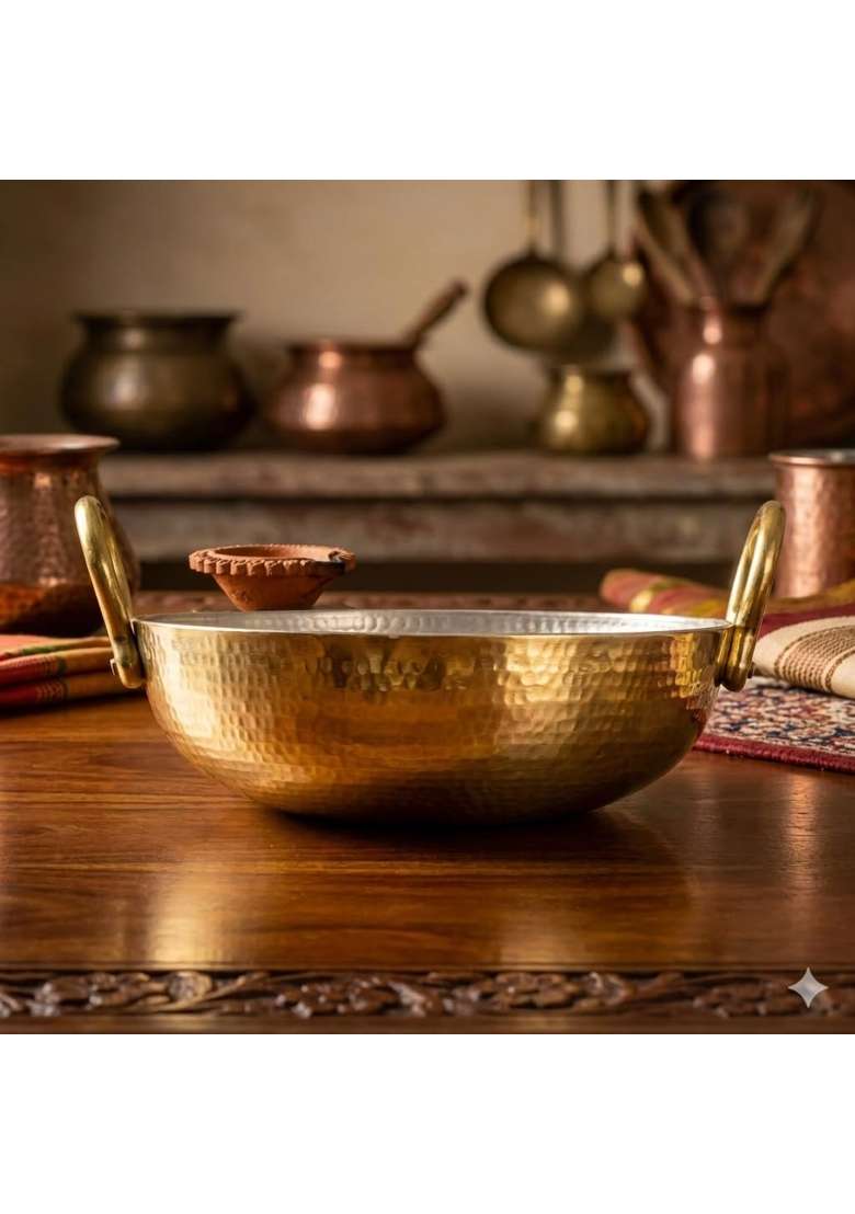 SHAAN mfg. Pure Brass Kadai Wok for Cooking with Handles | 2.5 L | 2.6 Qt | Handcrafted - Indya